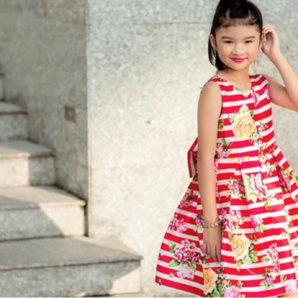 MONSOON girls sleeveless fit & flare dress red white stripe floral sz 5Y 5 youth